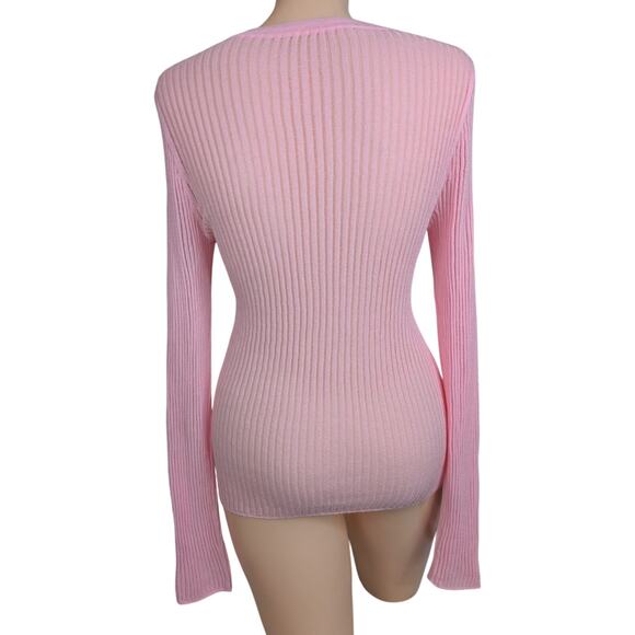 Pastel Pink Sheer Stretch Knit Ribbed Sweater Top Women Small Y2K Coquette Prep - Picture 3 of 4